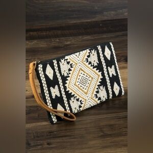 Ruggine Embroidered Beaded Boho Pattern Handmade Clutch Faux Leather Wristle